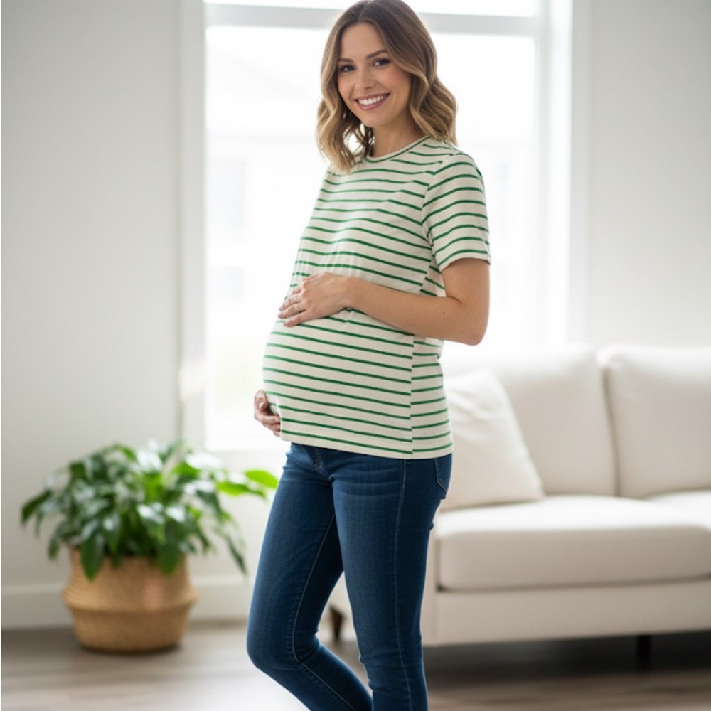 H&M MAMA Maternity T-Shirt Striped Green White Tee Short Sleeve Size Small S
